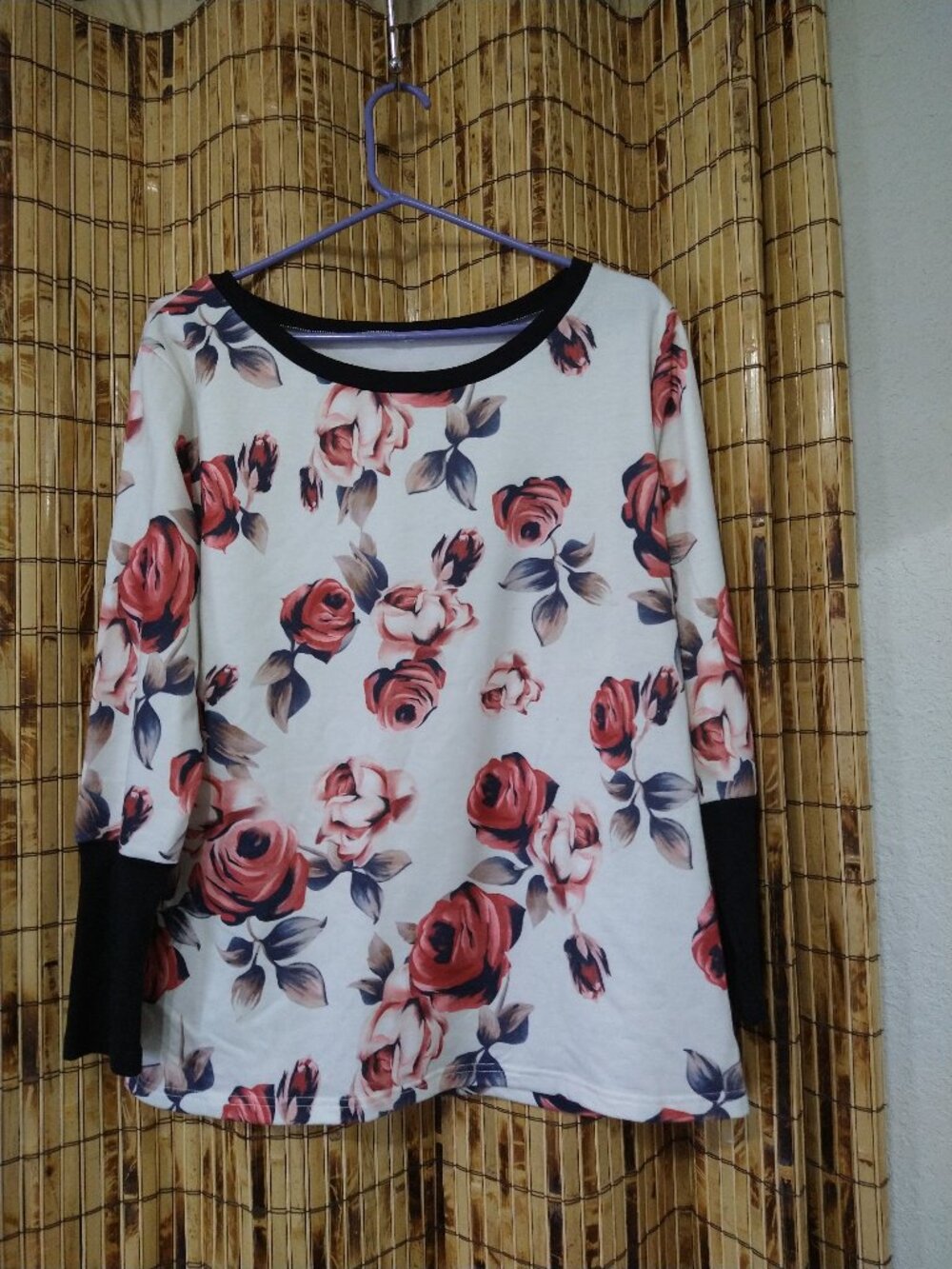 Vintage Style Floral Print Long Sleeve Top w/ Black Contrast Trim Size XL